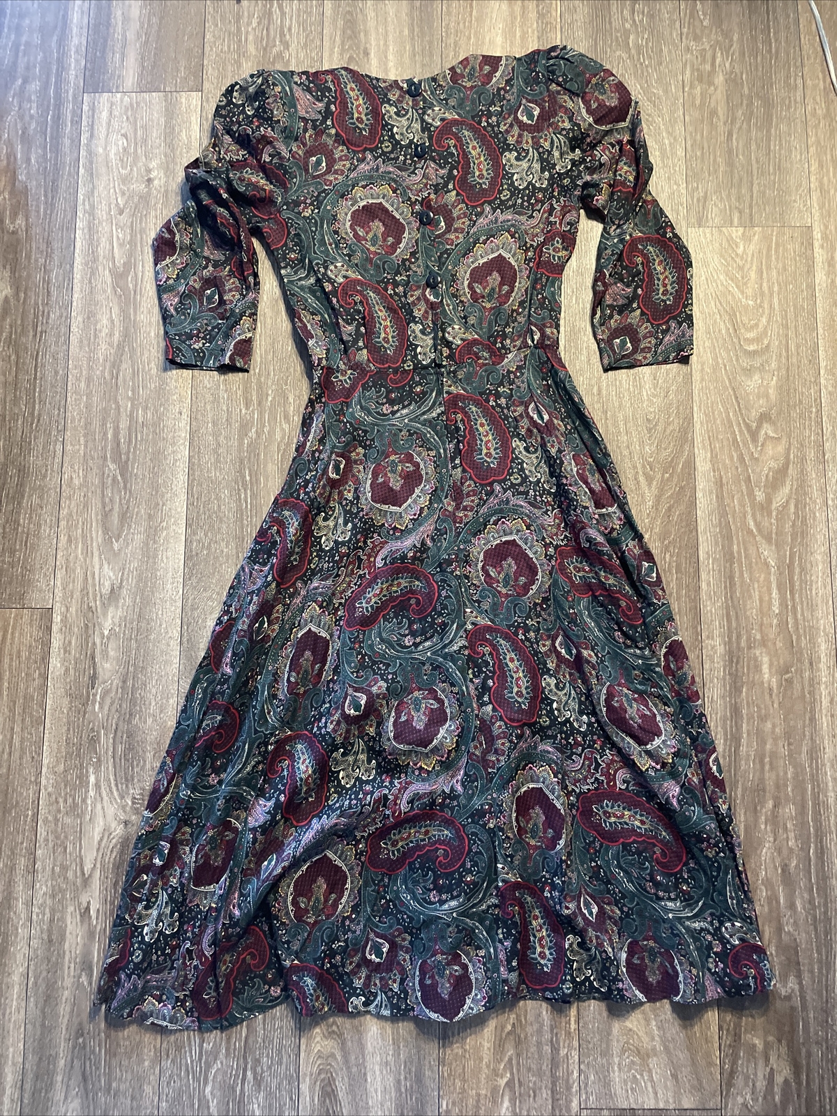 Vintage E.D. Michaels Green Burgundy Paisley Long Sleeve Maxi Dress Gown Sz 5-6