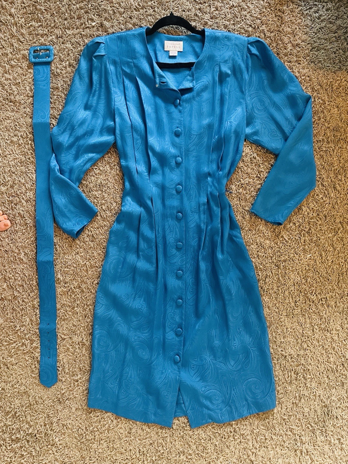 Vintage 80s ADRIANNA PAPELL 100% Silk Dress Blue/Teal Midi Size 14, Shldr Pads!