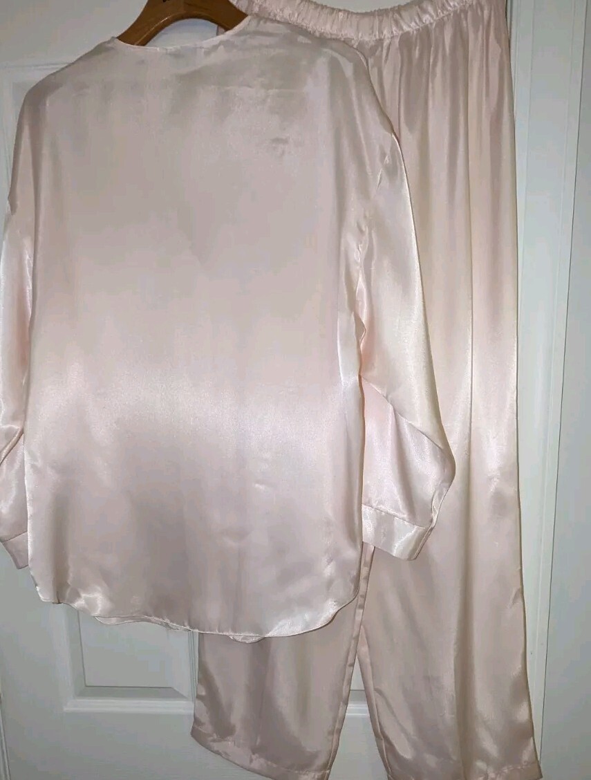 Vtg 80’s Etienne 2 Piece Pajamas Sz Large Blush Pink Silky Satin, Beaded Lace