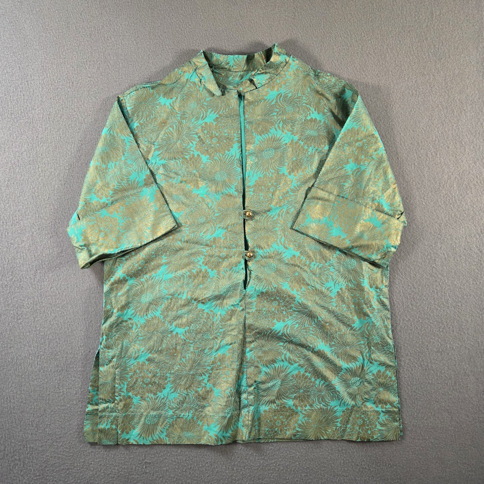 Vintage Dutchmaid Top Womens 38 Green Floral Gold Painted Asian Traditional 70s