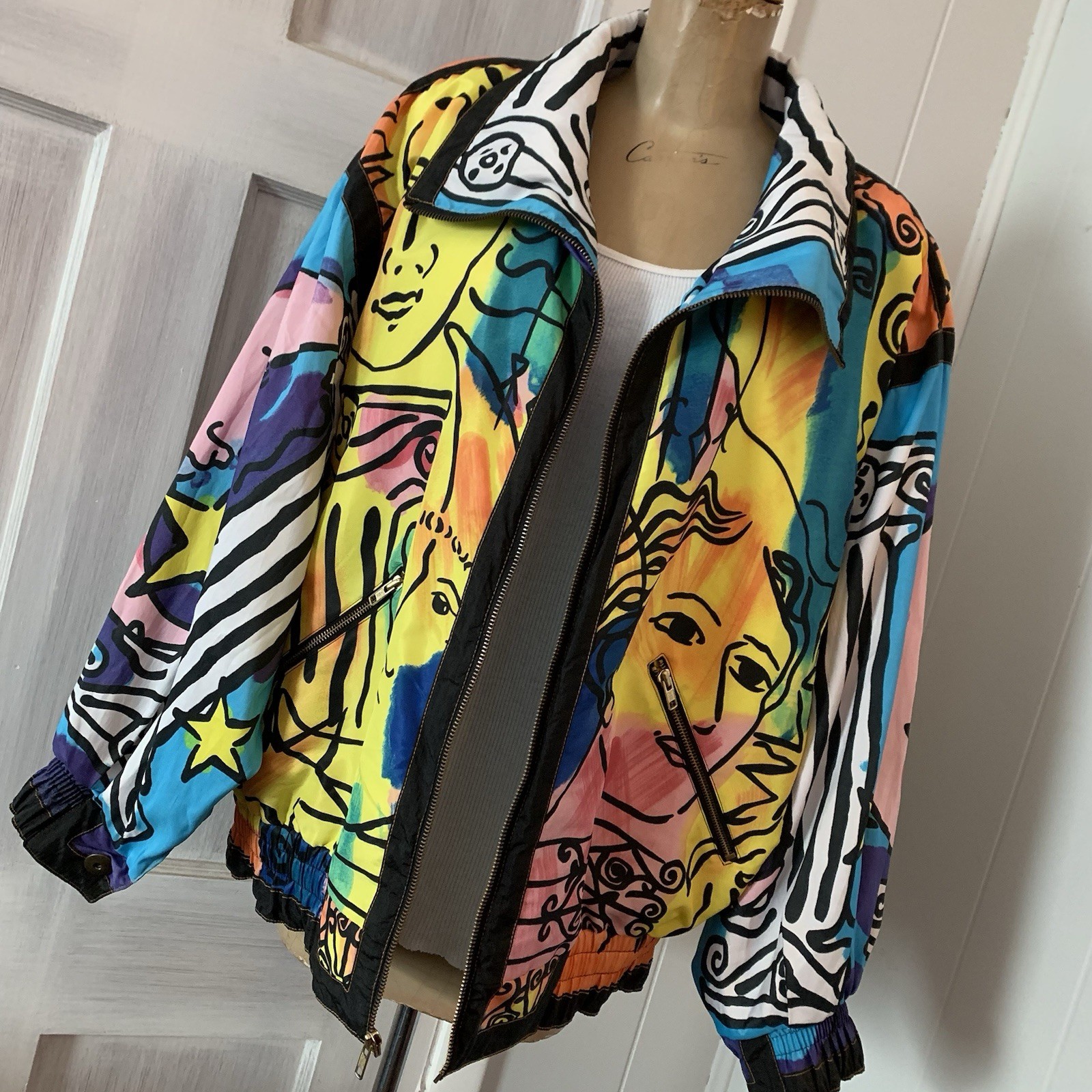 Vintage Jacket Giacca Sport Picasso-style multicolor abstract print Zipper Sz L