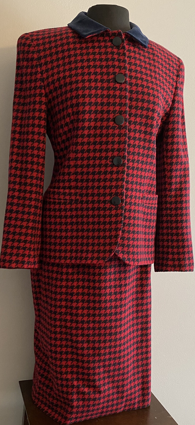 Vintage Rena Rowan for Saville Wool Jacket and Skirt Set Red Navy Houndstooth