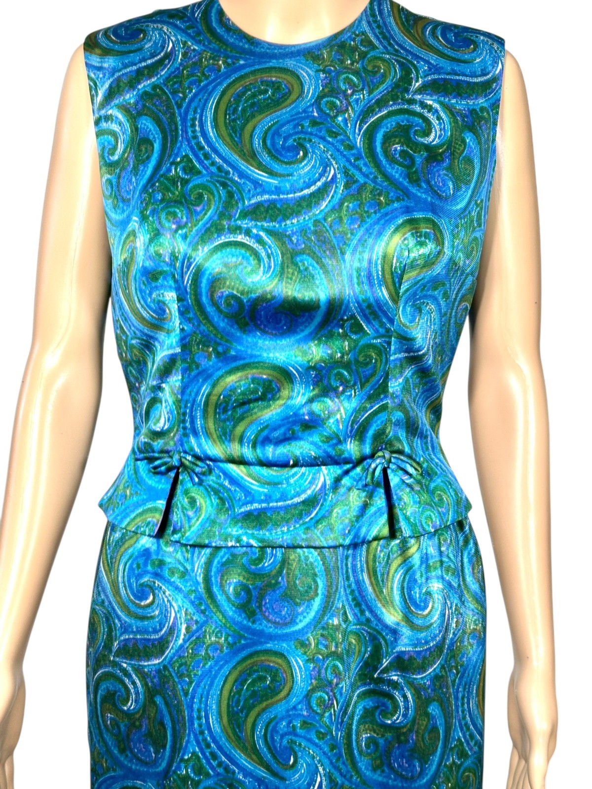 Vintage 1960s Selma Washington DC Blue Green Paisley 2 Pc Dress Top Set Sz 6 S
