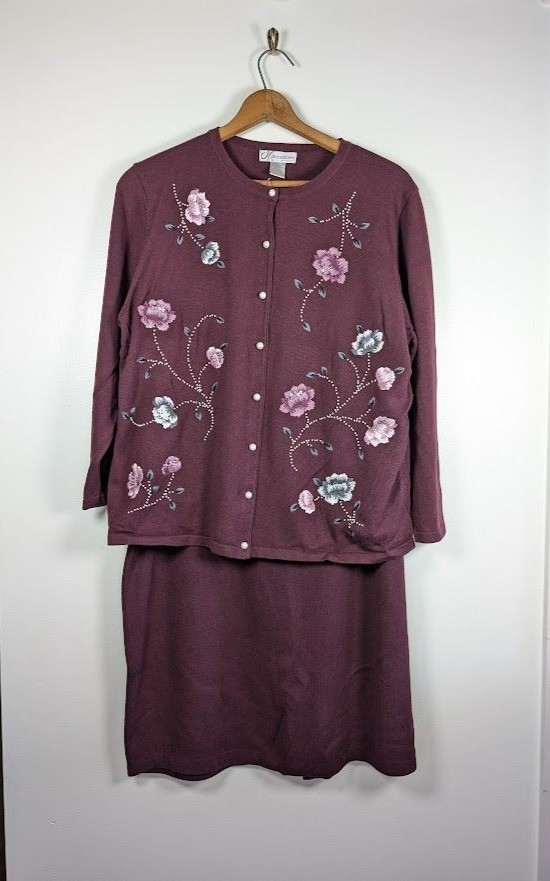 VTG 2 Piece Sweater Dress Size 18 20 Cottagecore Floral Whimsigoth Embroidered