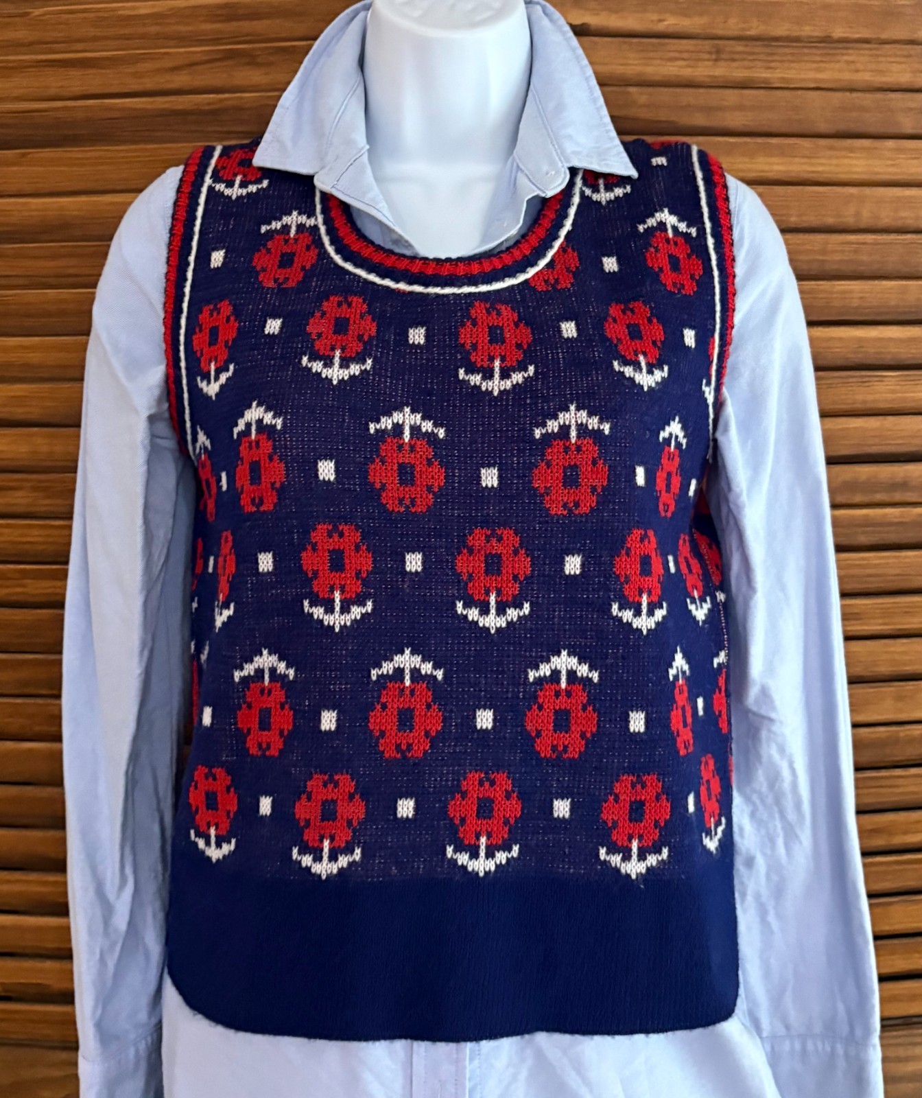 Ship 'n Shore Sweater Vest Women M Vintage 70s Navy Red Floral Daisy