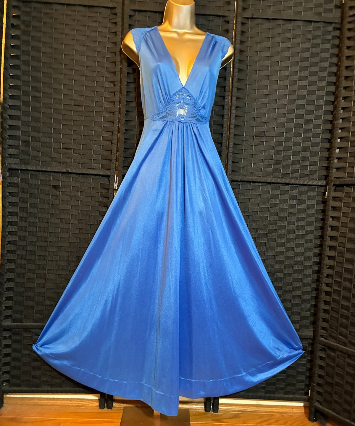 Vintage VAN RAALTE PEIGNOIR SET Medium ROYAL BLUE Sweep GOWN Long ROBE Lace 0215