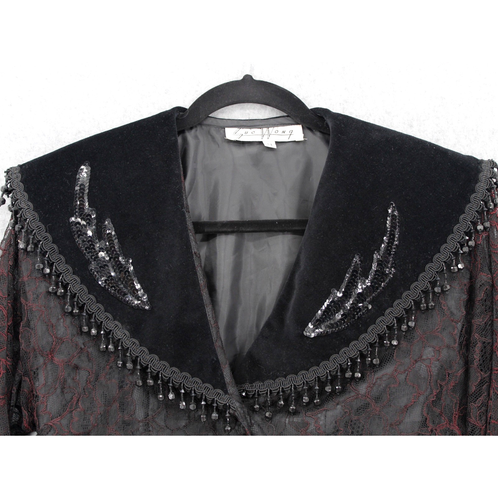 Sue Wong Bolero Jacket Medium Black Burgundy Lace Velvet Sequin Beaded Fringe