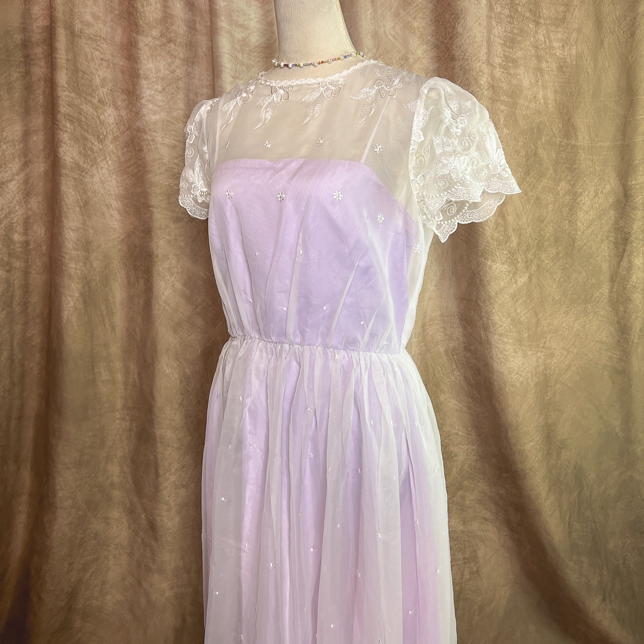 Vintage Coquette Dress 70s Sheer Mesh Floral Embroidered Lavender Tea Party