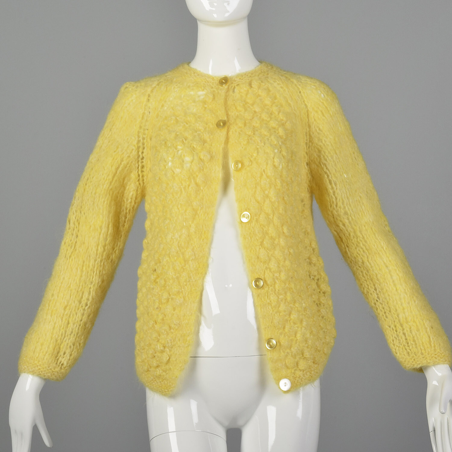 Large 1960s Sweater Yellow Hand Knit In Italy Cardigan Puff Stitch VTG 60s