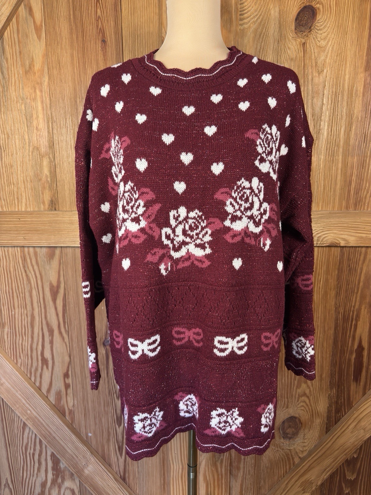 Vintage 80/90s Burgundy Heart Bow Sweater Tunic Oversized Grannycore Scallop Hem