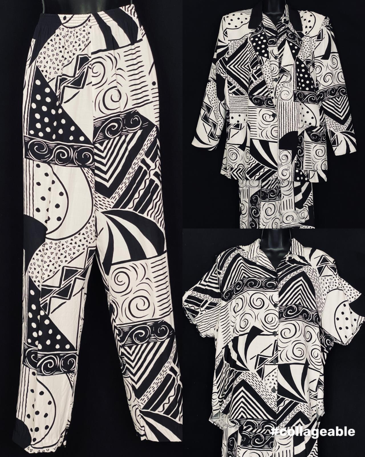 Vintage 1980s black white suit set, jacket pants 3 piece abstract new wave L XL
