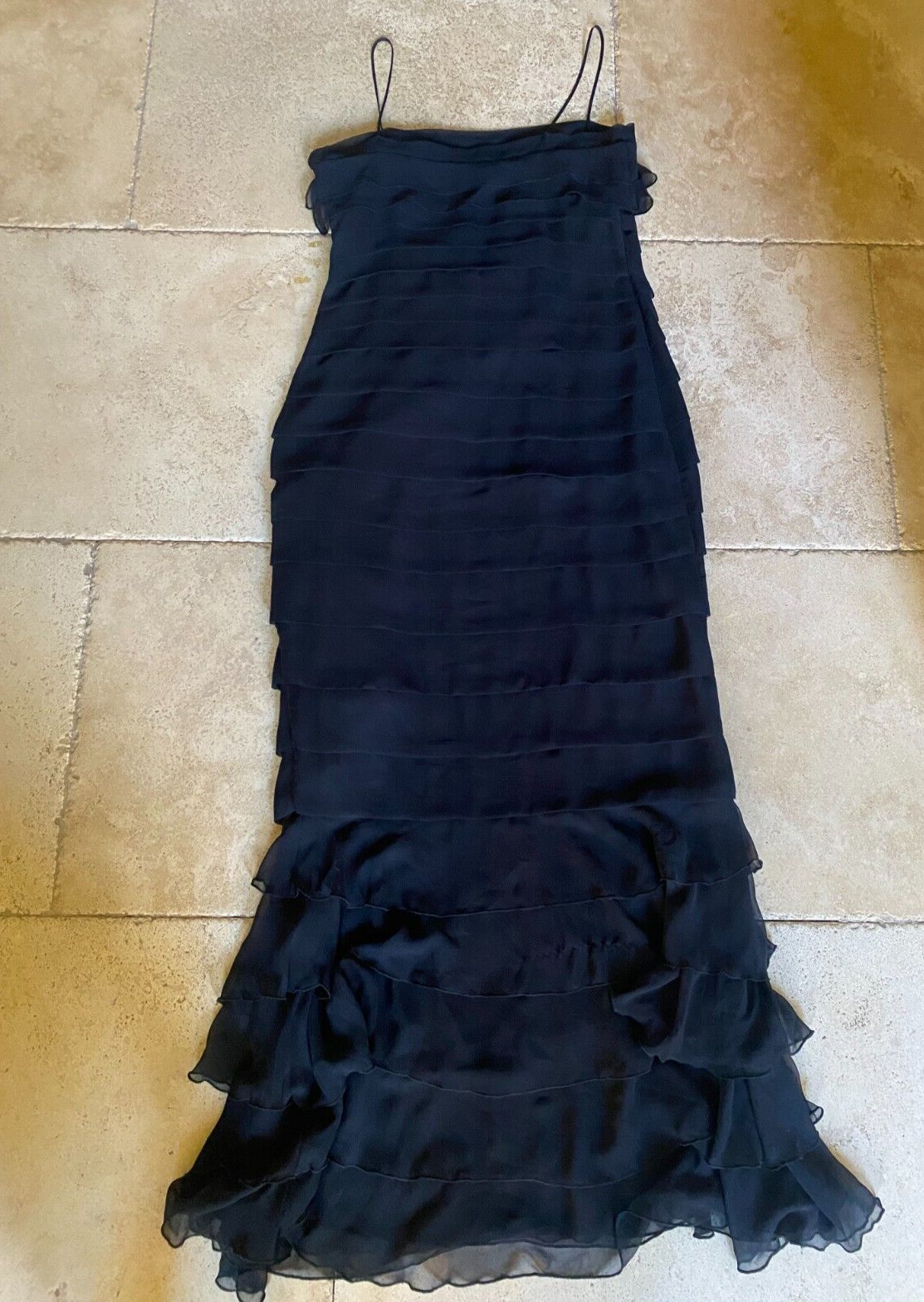 Vintage 1990s A.B.S. Evening Allen Schwartz Black Chiffon Ruffle Gown 6