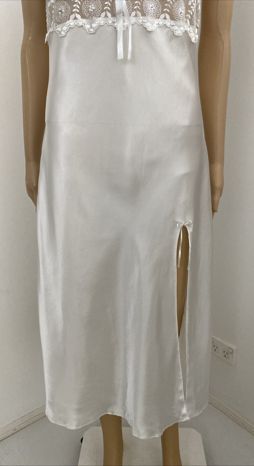 Vintage Espaur XXS-XS / 6-8 Bridal Nightie Negligee Set White Satin Floral Lace