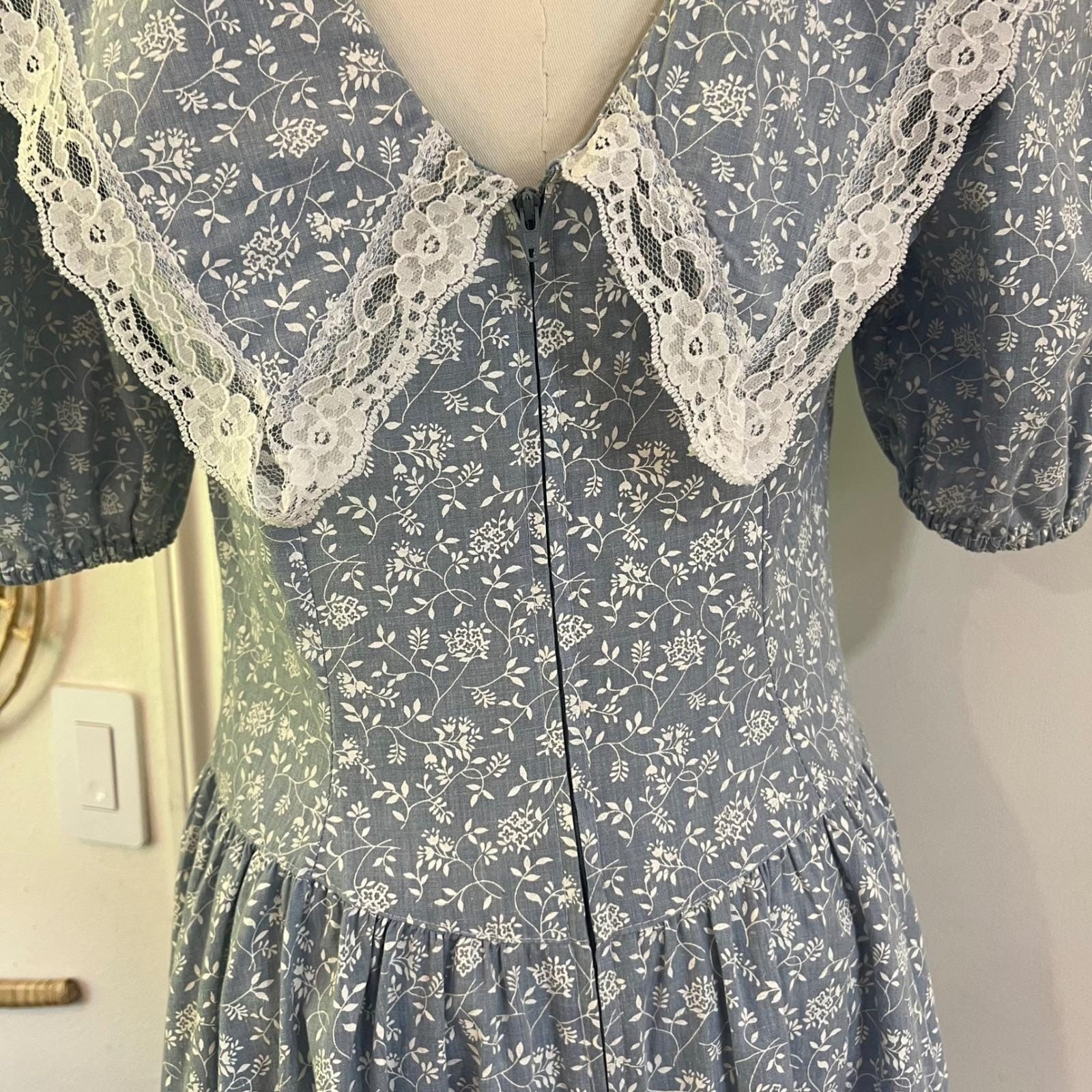 Vintage Maggie Lawrence Blue Floral Cotton Lace Collar Prairie Midi Dress 11/12
