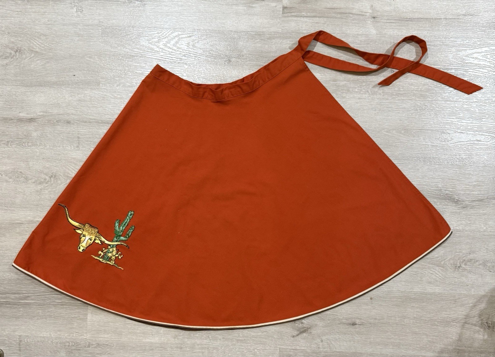 VTG 1970’s Shirley Gadol Co Wrap Skirt Orange Western Embroidered Steer Cactus