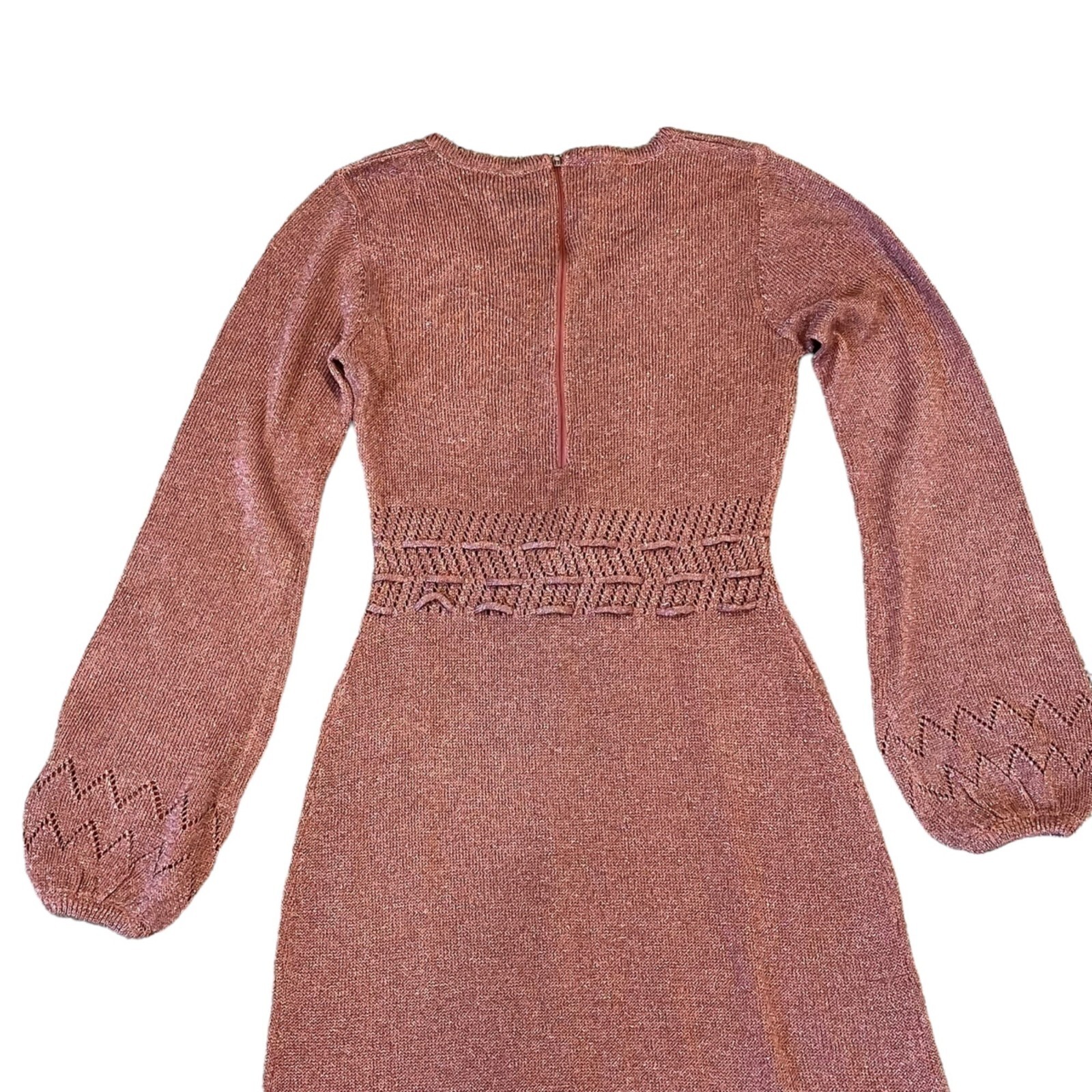 Wenjilli 70s Rose Pink Maxi Metallic Knit Wiggle Dress Balloon Long Sleeve 7/8