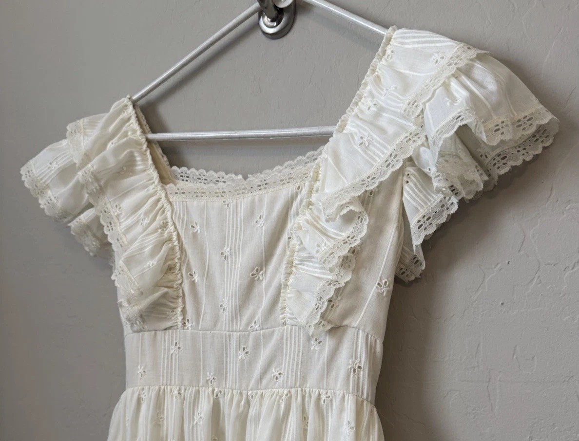 Vtg 70s Ivory Wedding Dress Prairie Cottage Core Peasant Bonnet Hat Veil Trek
