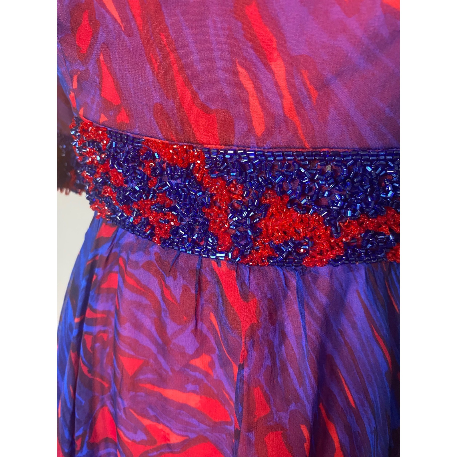 Vintage 60’s Silk Chiffon Beaded Dress Blue Red Abstract Print Cocktail S