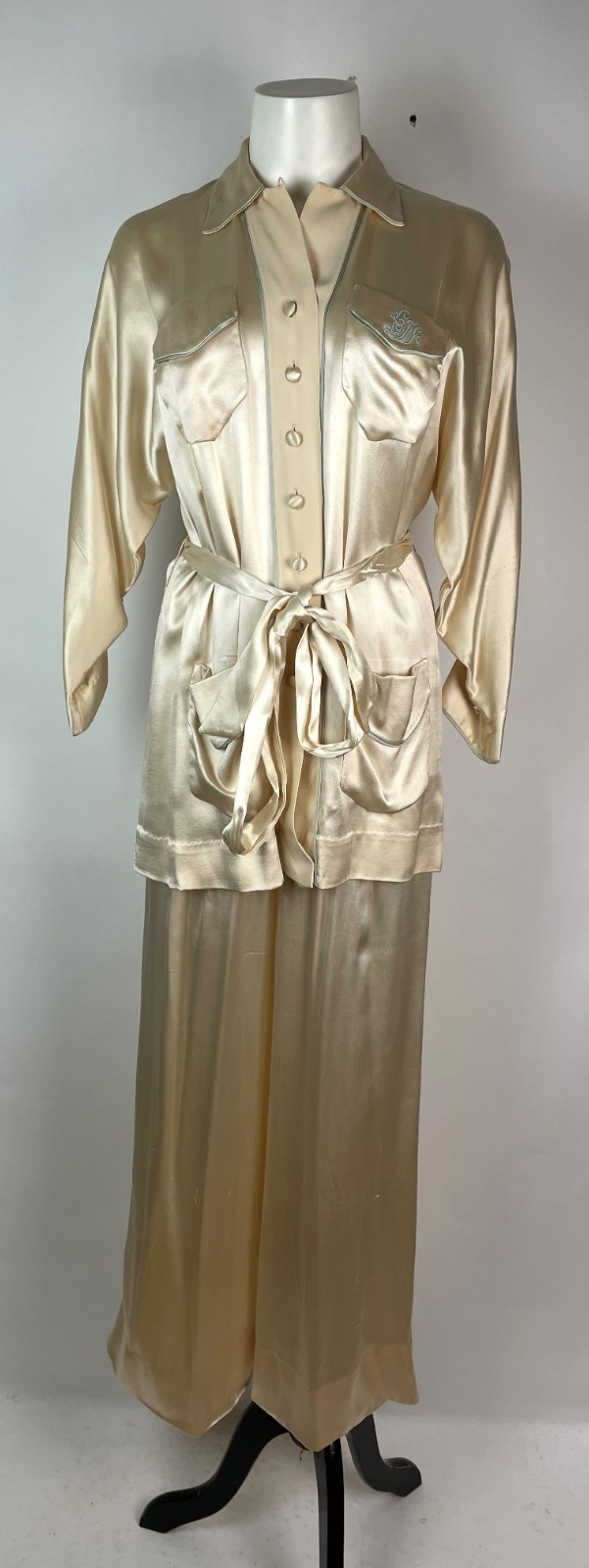 Vintage 40s 50s Satin Silk Two PC Loungewear Belted Blouse Pant Set Monogram S/M