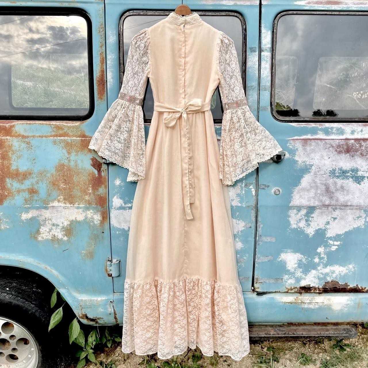 70s Candi Jones california lace maxi gown w/ bell cuffs