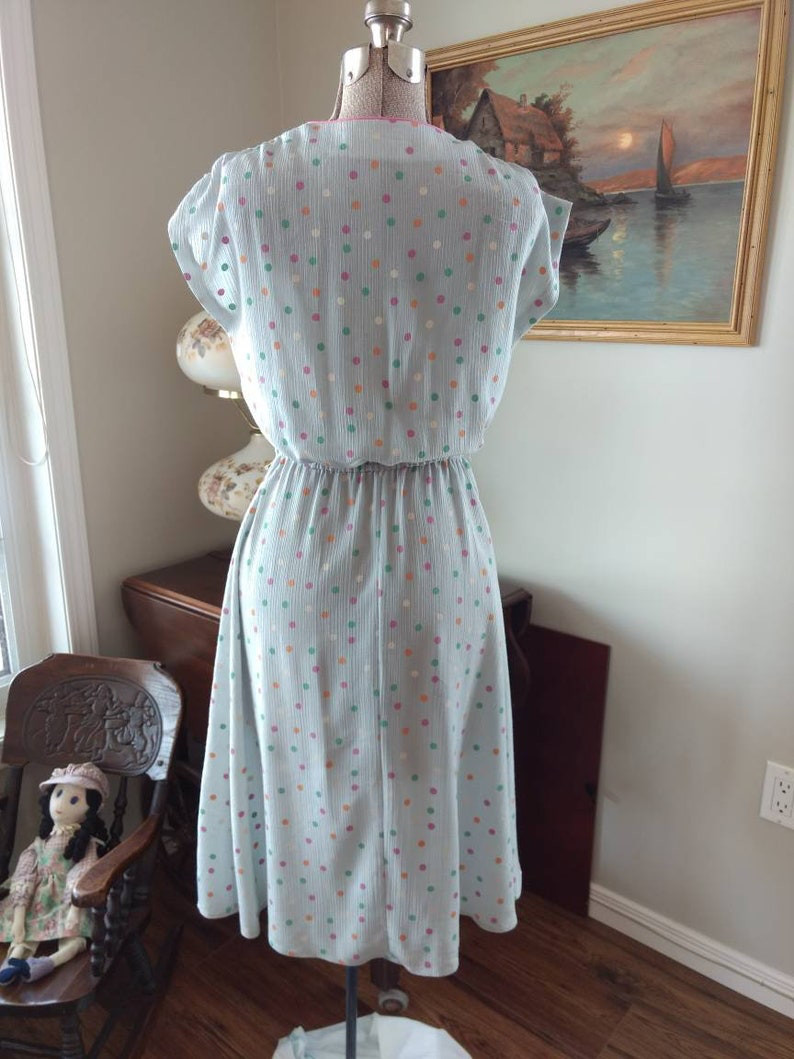 Vintage 80s Polka Dot Dress Gray Pink Green Orange White Crossover Bust