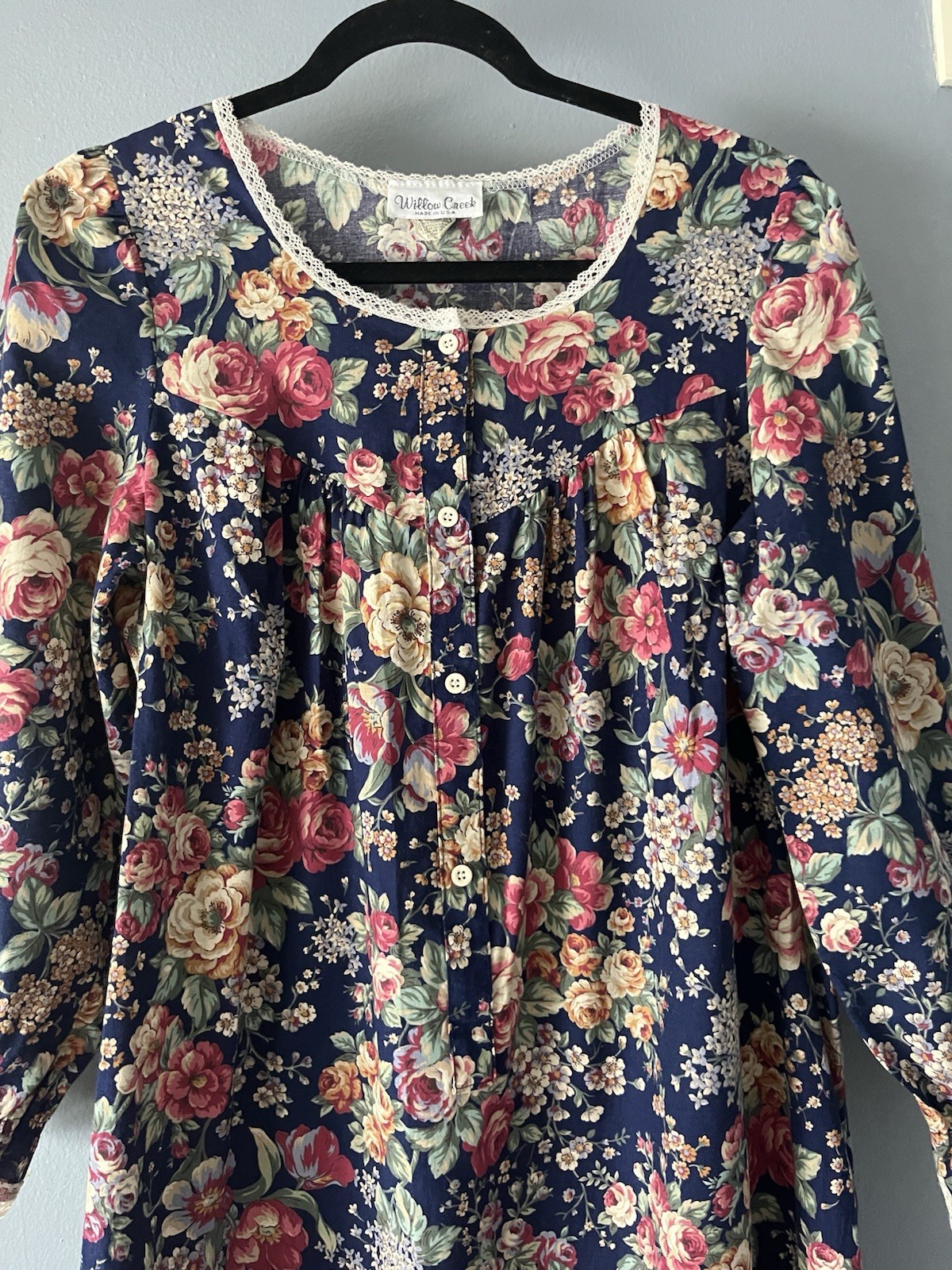 Vintage Prairie Dress Sz S Navy Blue Floral Laced Ruffled Willow Creek Cottage