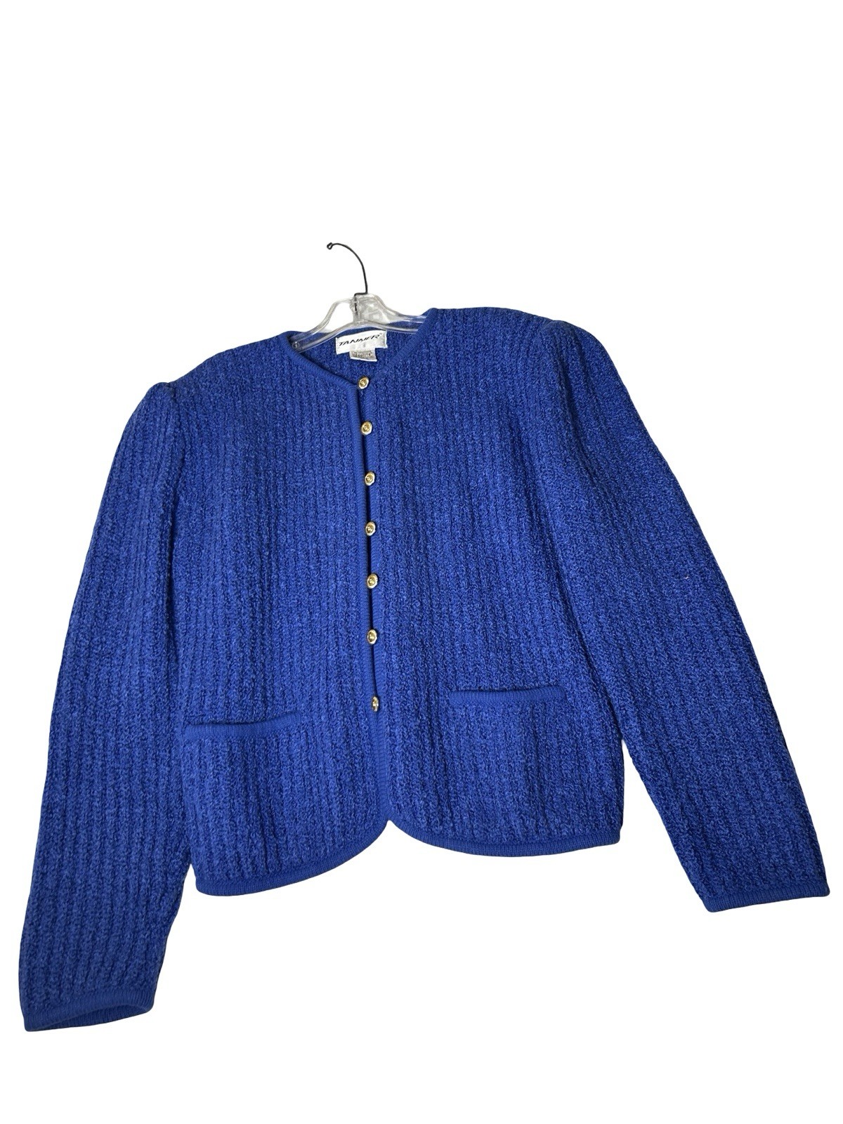 VTG TANNER Boucle Cardigan Sweater Size XL Royal Blue Gold Button Twee Hong Kong