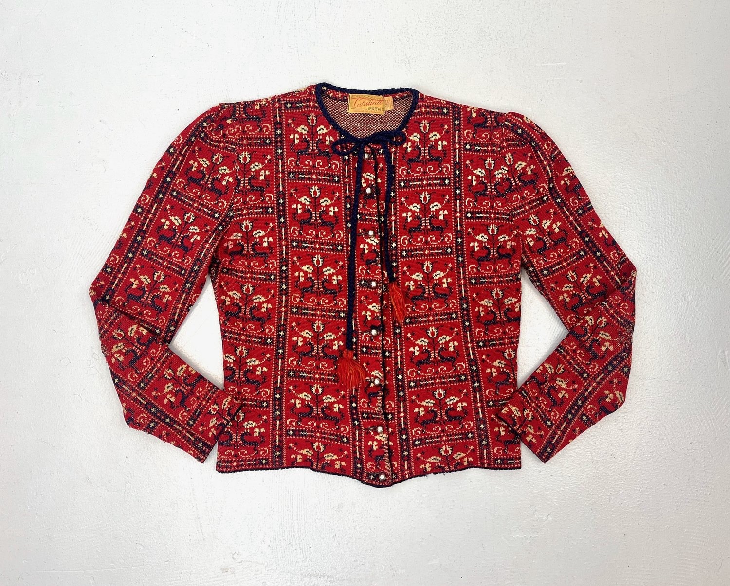 1940s Catalina Jacquard Floral Deer Novelty Print Wool Red Sportswear Sweater
