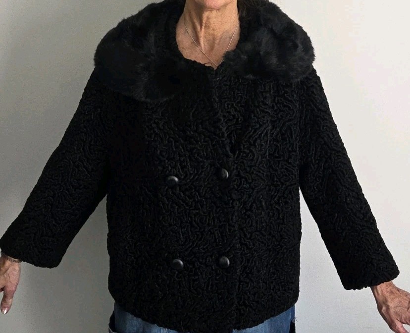 Vtg Anthony Rao Coat M Black Curly Lambs Wool w Real Fur Collar 50s 3/4 Sleeve