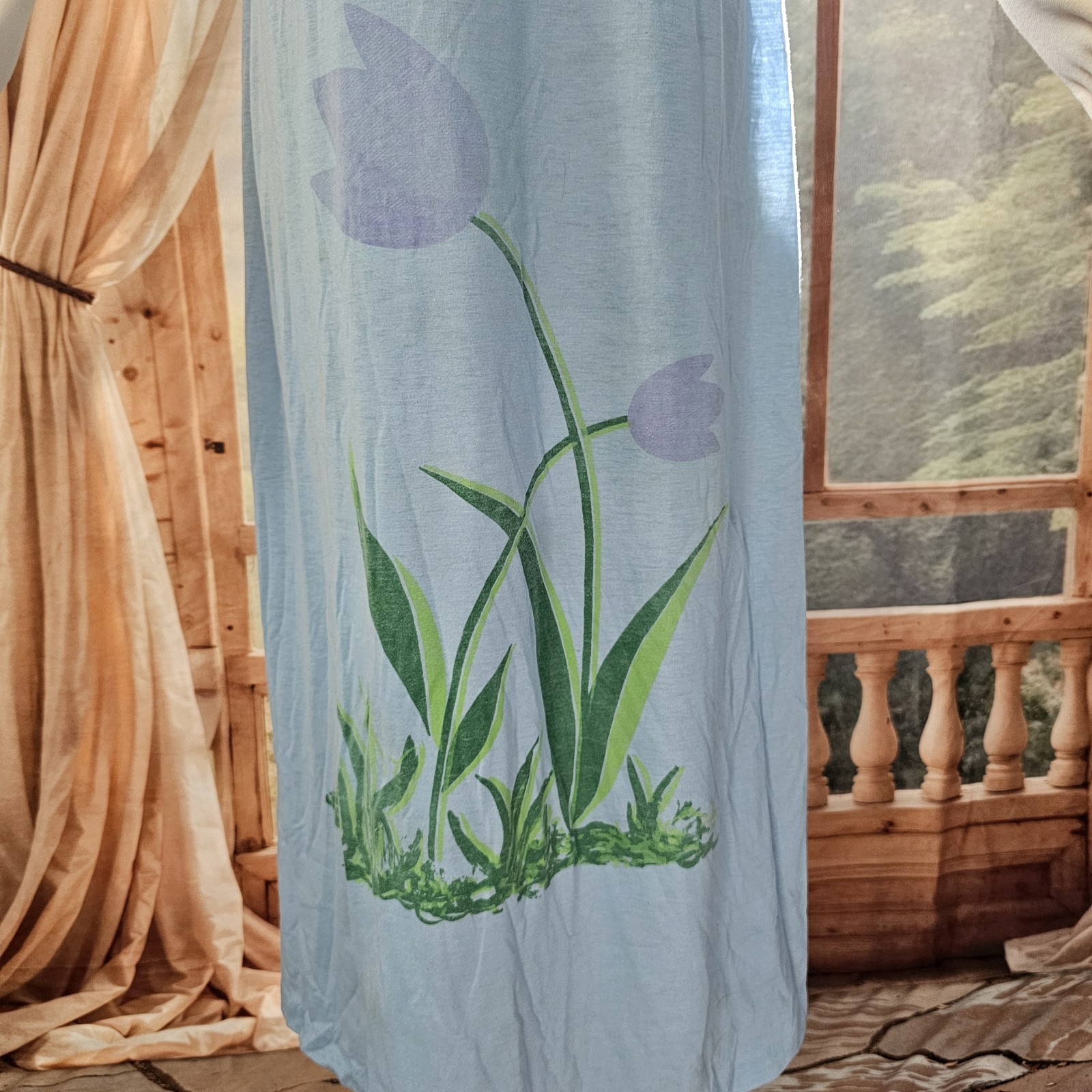Vintage 1970s Dress Maxi Floor Length Baby Blue Floral Bee Patch Sleeveless Tank