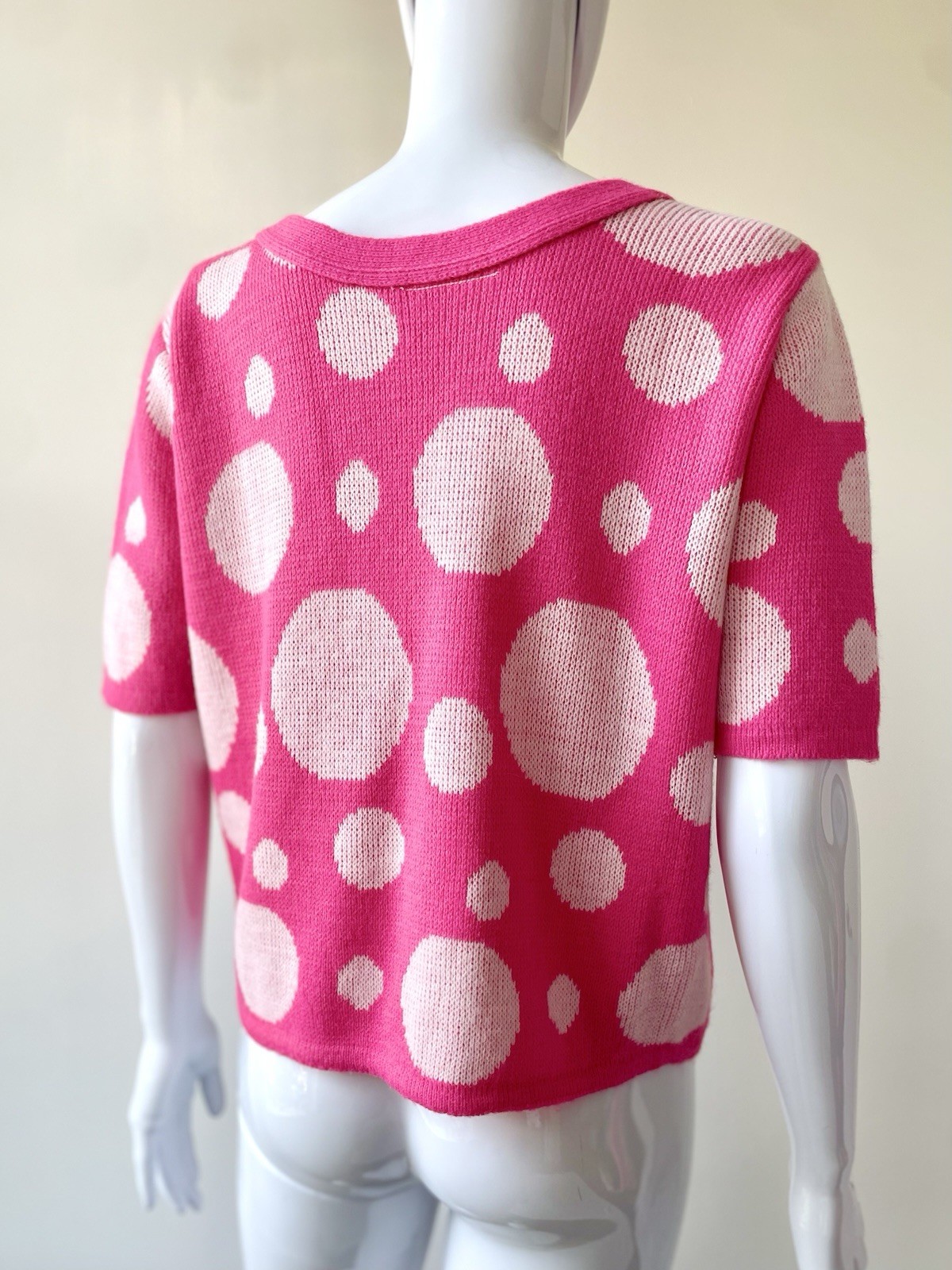 Vintage M L Sweater Top 60s Pop Art Cropped Hot Pink Polka Dot Bubbles VGUC