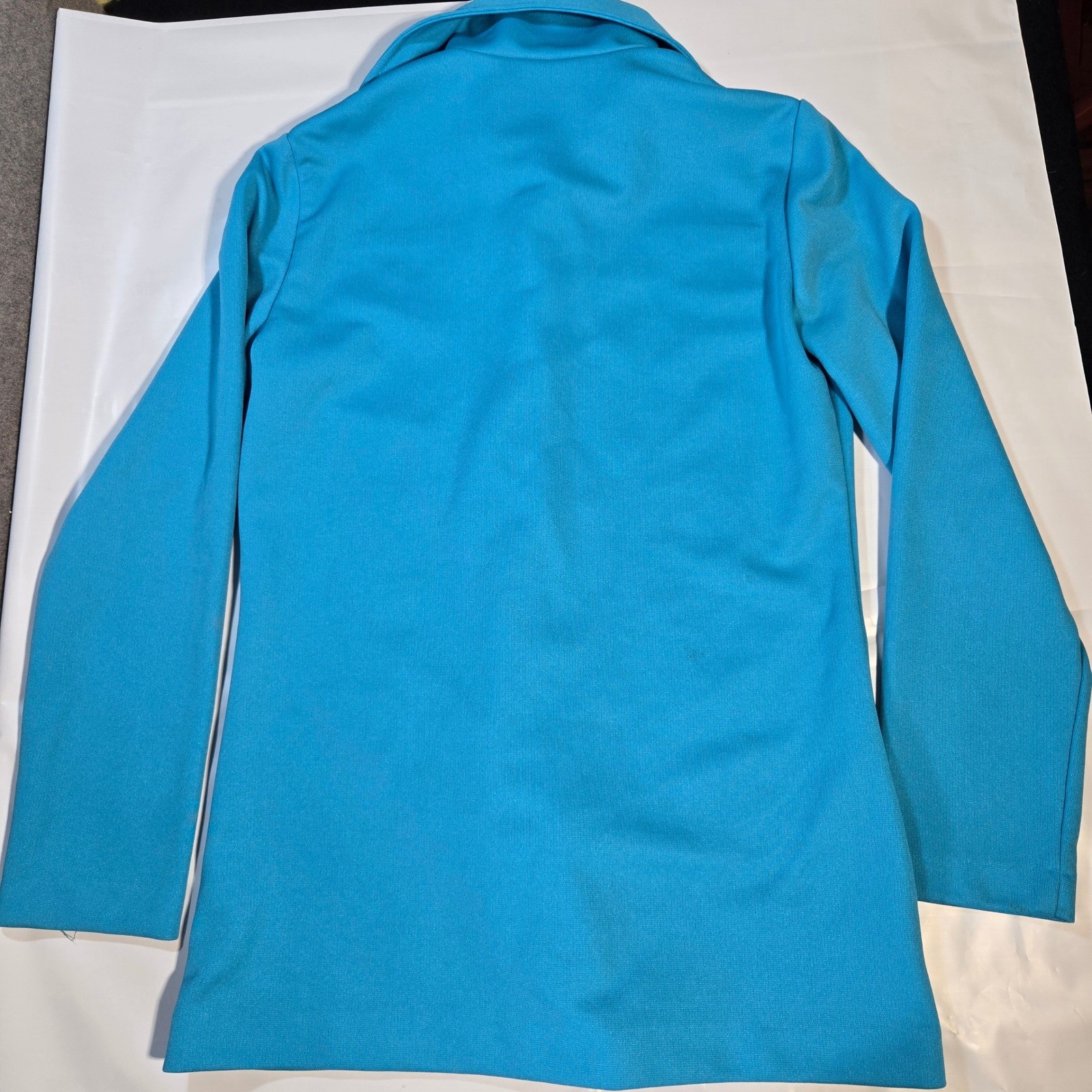 Vintage 70s Sears Turquoise Blue Knit Shirt Jacket White Contrast Stitch Disco M