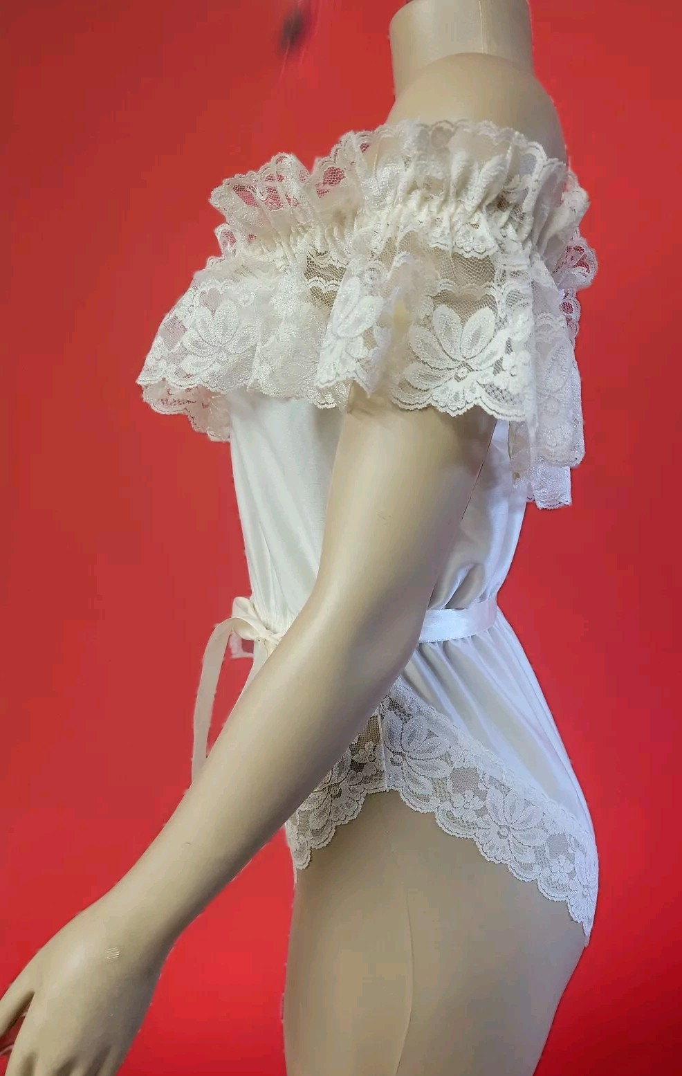 DOLORES For POIRETTE Peignoir Size M Vintage ivory Lace Bodysuit Lingerie #C6