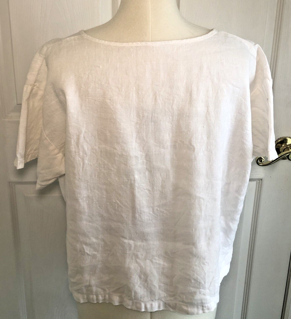 Vtg Y2K 100% Linen sz Lg cropped short sleeve shirt white fish applique coastal