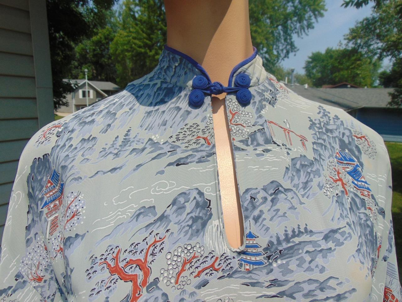 VTG 40s Malihini Hawaii Gray & Blue Rayon Pake Muu 28W