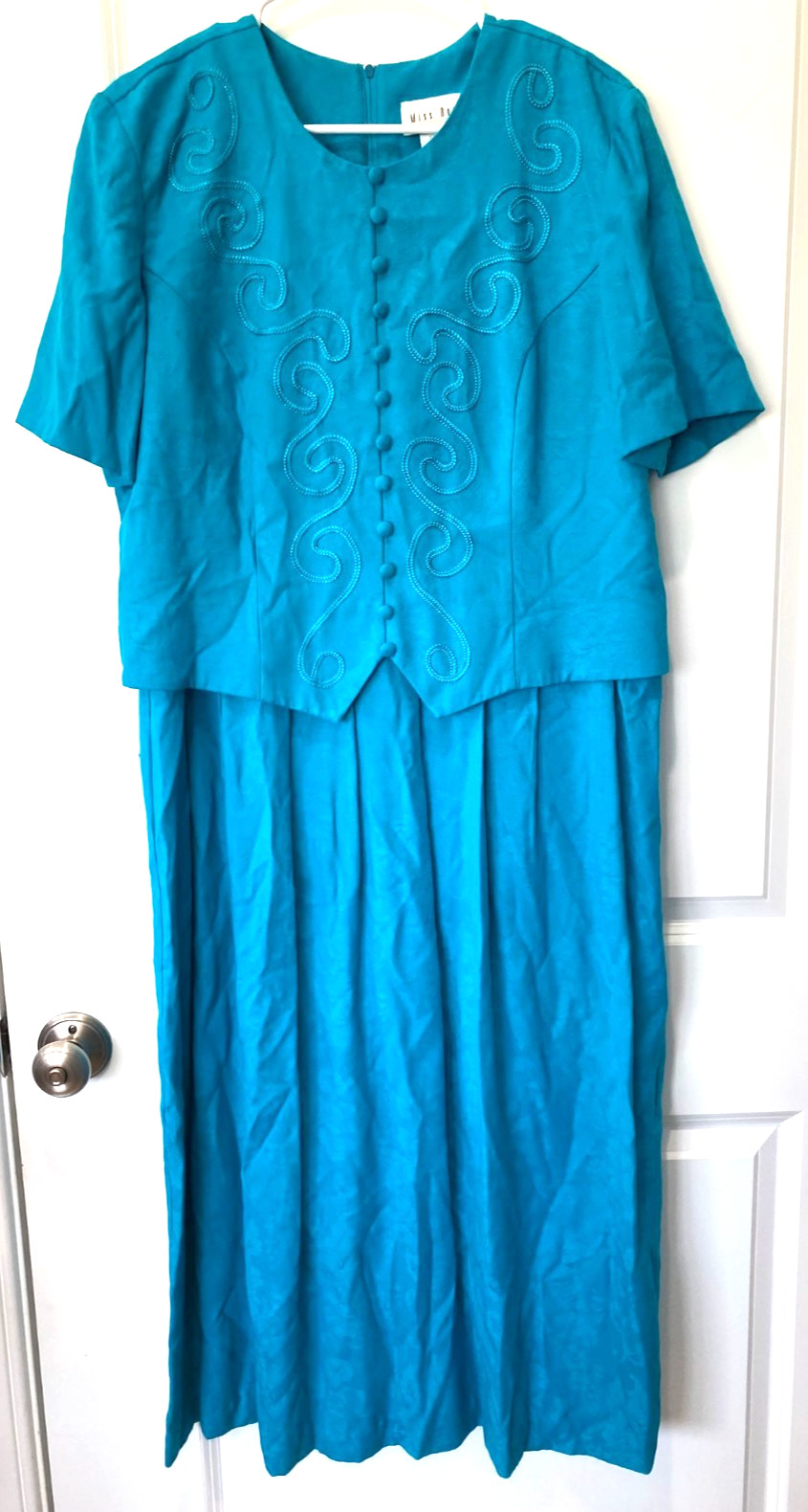 Vintage Miss Dorby Embroidered Short Sleeve Tie Waist Midi Dress Sz 14 Teal 80’s