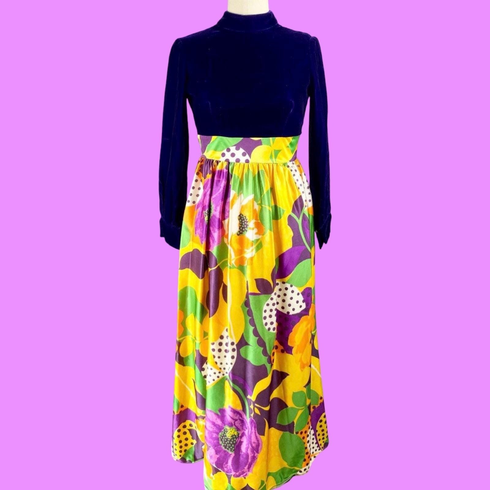 Vintage 1960s Floral Velvet Maxi Dress, Mod Style, Size S