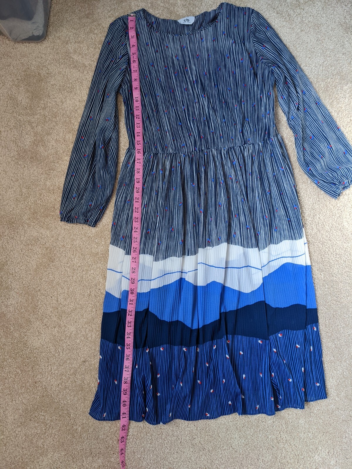 Vintage CB New York Women’s 1X Blue White Abstract Pleated Long Sleeve Dress