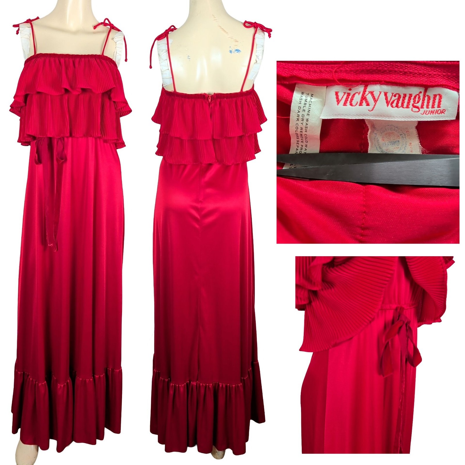 Vintage 70s Vicky Vaughn Red Satin Maxi Dress Ruffle Pleated bohemian Romantic
