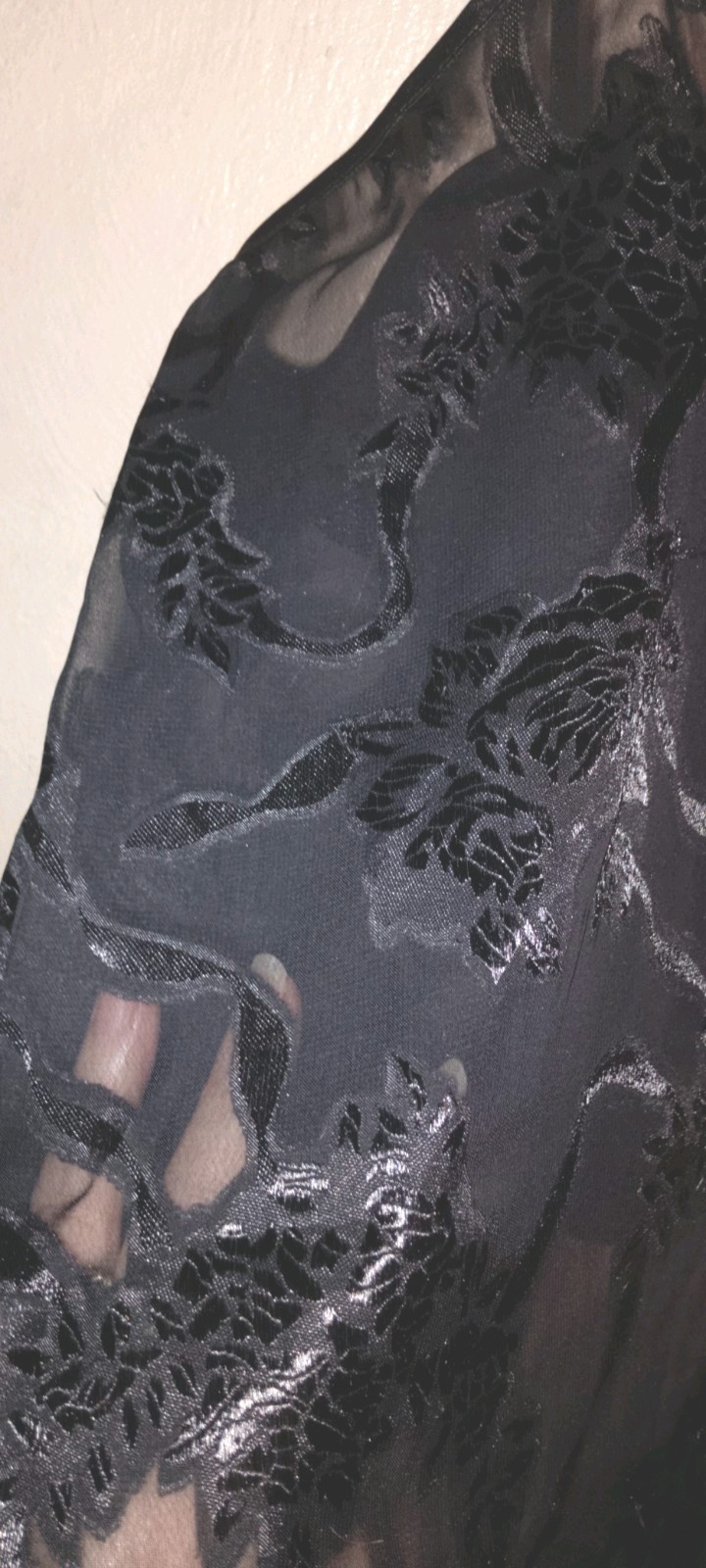 Vtg,90s,LA Intimates, sheer Black Camisole Satin Jacquard Poly/mesh Floral,Lg