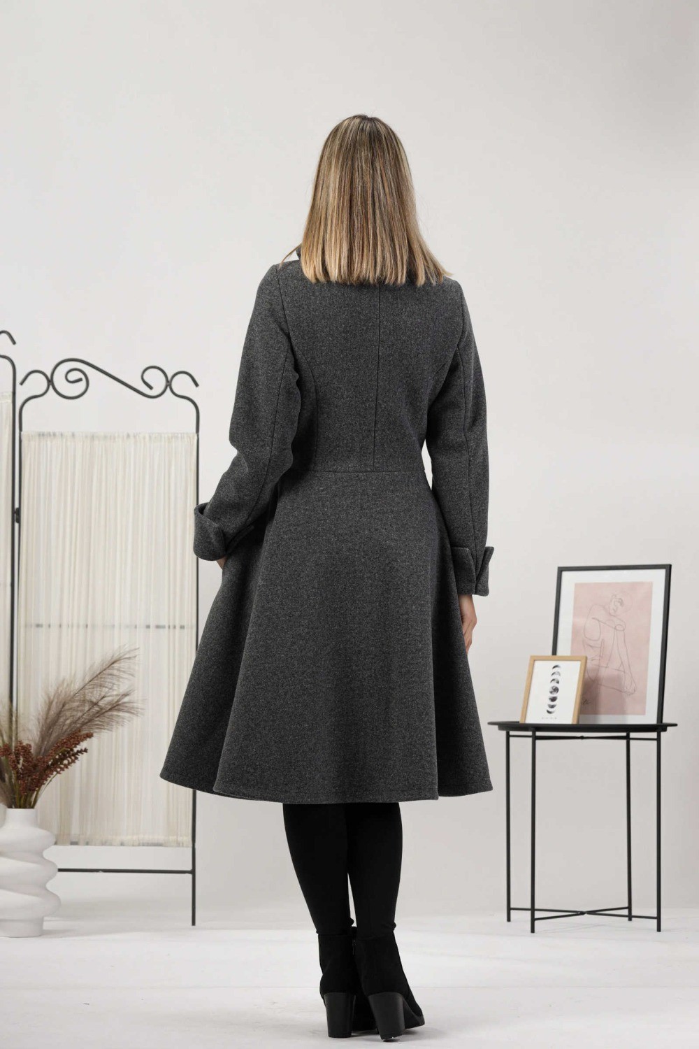 Ladies grey coat long jacket hem skirt tweed winter long business elegant
