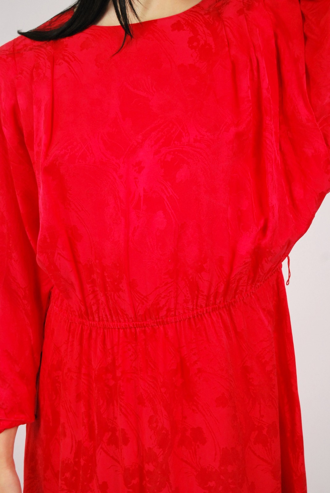 80s Blouson Dress (L) large red vintage midi silks by Nilani candy apple chic