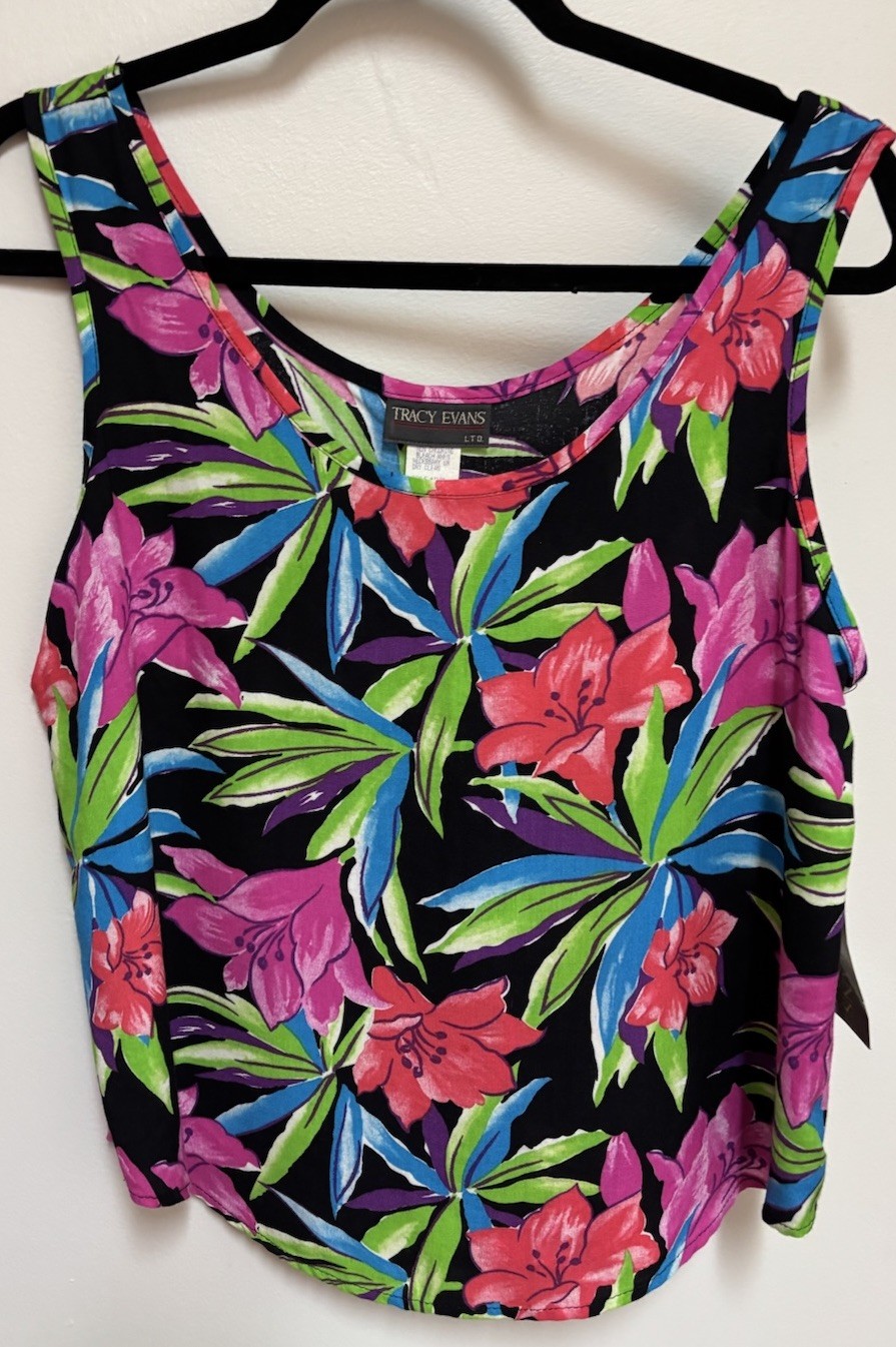 Vintage Tracy Evans Womens Large Black W/ Bright Floral Tank Top Blouse NWT