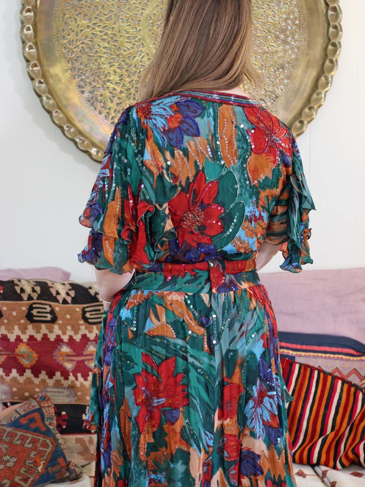 VTG Judith Ann Creations Silk Bohemian Beaded Sequined Blouse Skirt Set Emerald