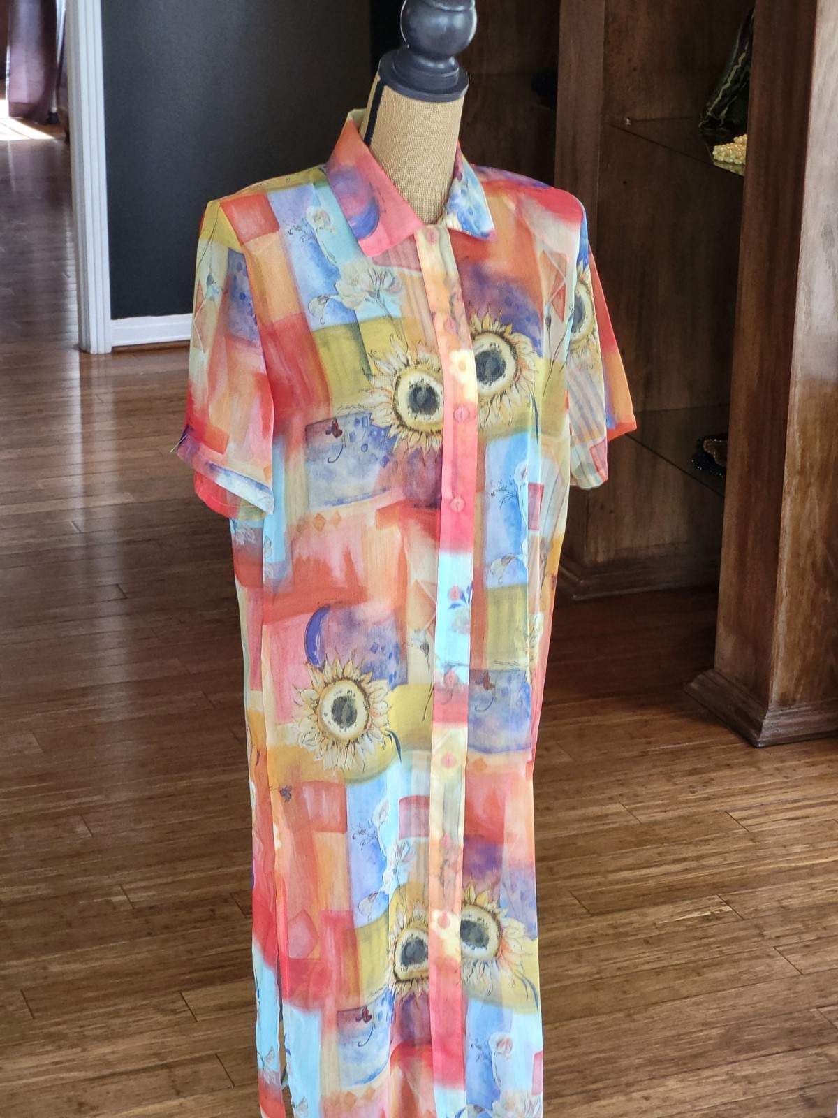 Sea Suns Vtg 80s Sheer Sunflower Themed Maxi Shirt Dress Medium