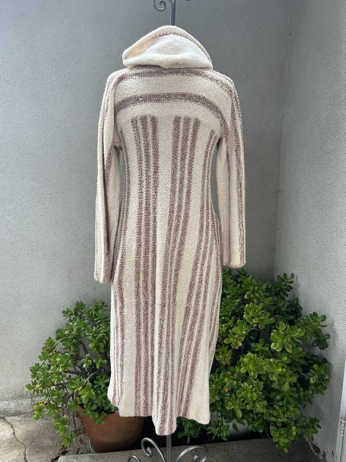 Vtg Boho Cardigan Long Duster Sweater S/XS Stripes Hood Pockets International