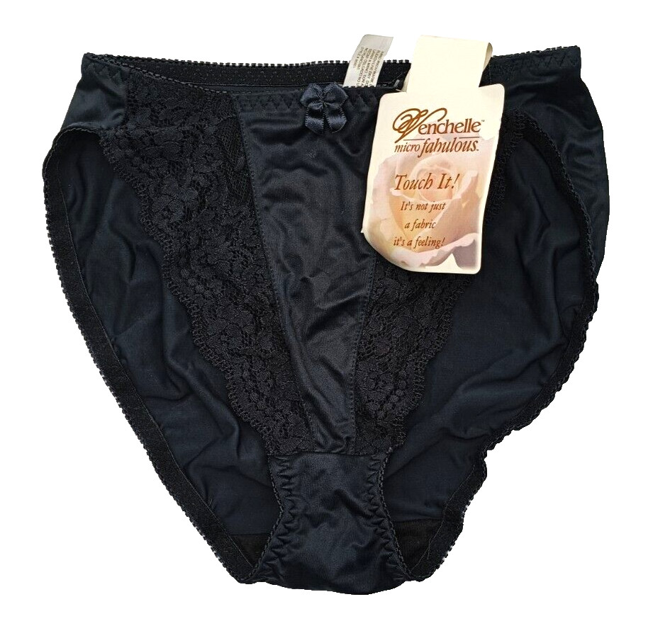 Vintage Venchelle Panties Womens M/6 Black High Leg Lace Bow Style 88801