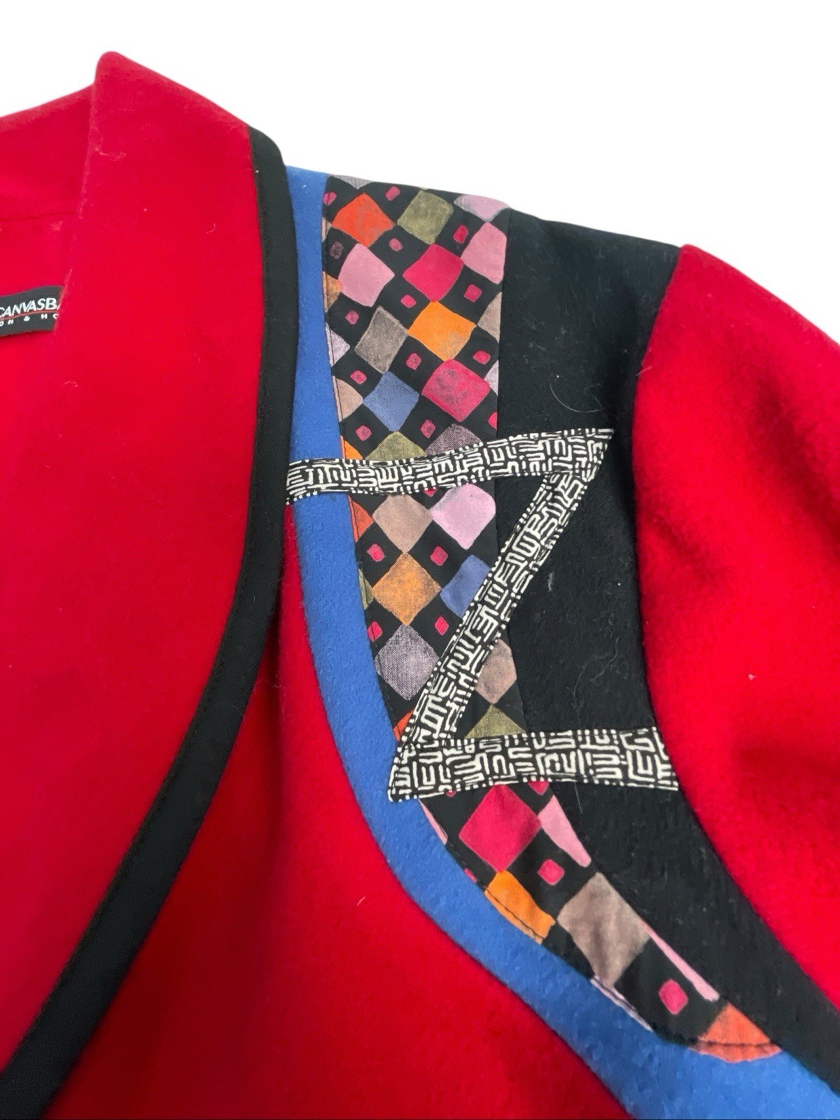 CANVASBACKS Wool Jacket 80’s Vintage Red with Colorful Details S