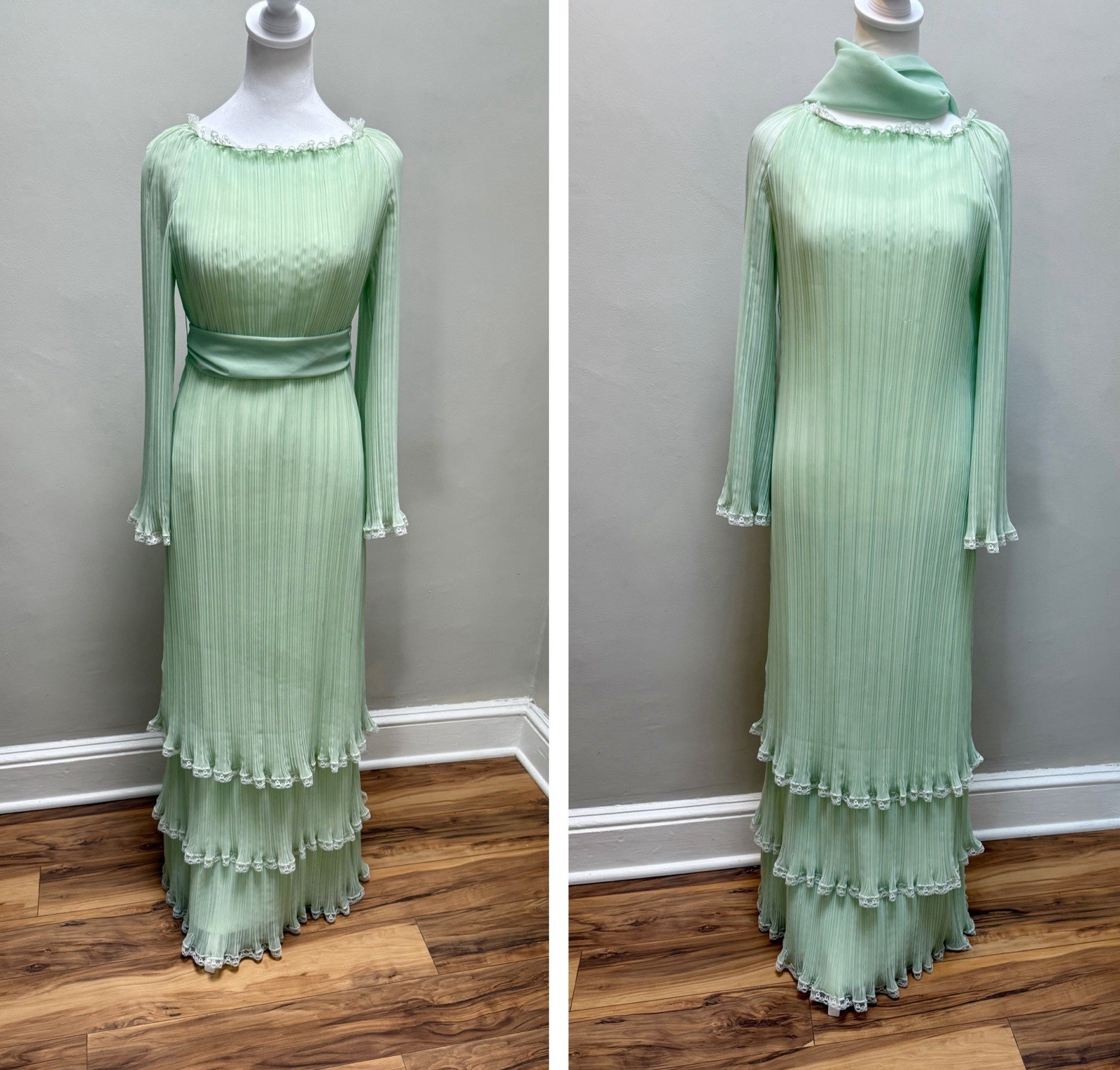 Vtg 70s Maxi Dress Mint Green Bell Sleeve Accordion Tiered Marita Anthony Muto S