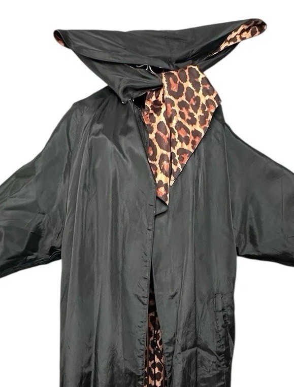 1950s Reversible Silk Satin Duster Coat Leopard Print Hooded Pockets